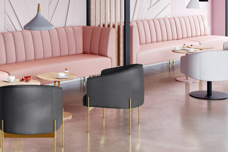 Emblem lounge and chairs in lobby or reception area.